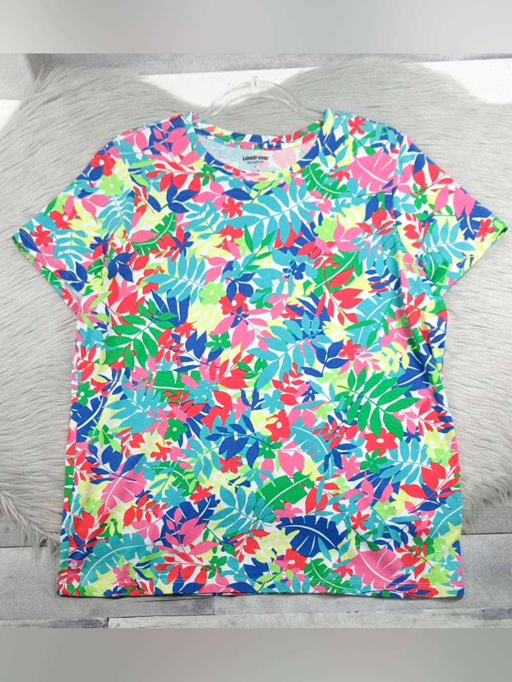 Lands' End Relaxed Fit Short Sleeve Cotton Tee Multicolored Leaf Print - Large